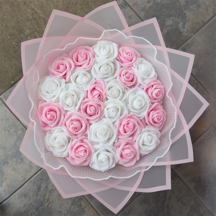30 Pink & White Forever Glitter Roses