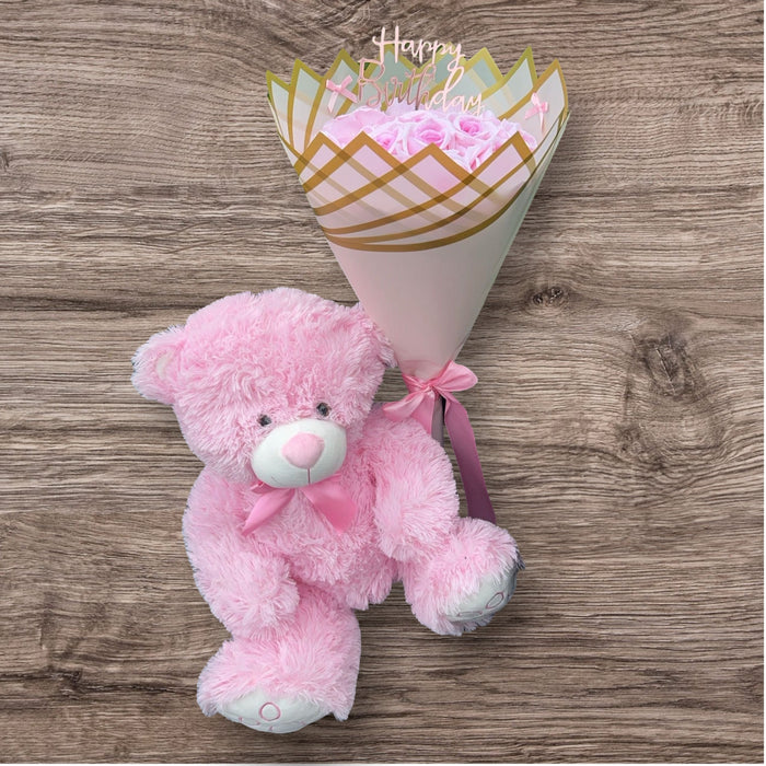 20 Pink Forever Glitter Roses x Small Bear